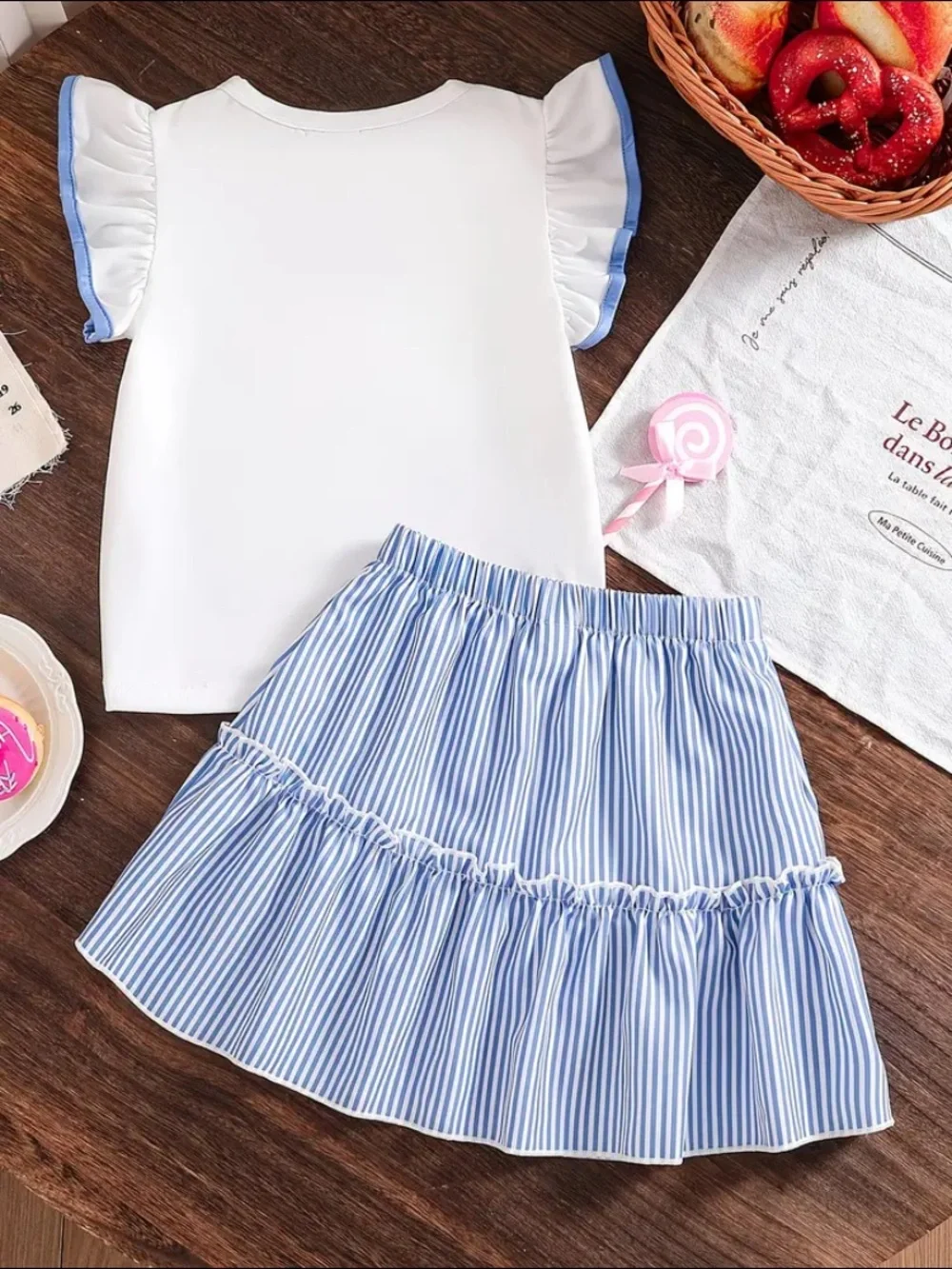 Girls Blue Stripe Skirt & White Ice Cream Tee Set